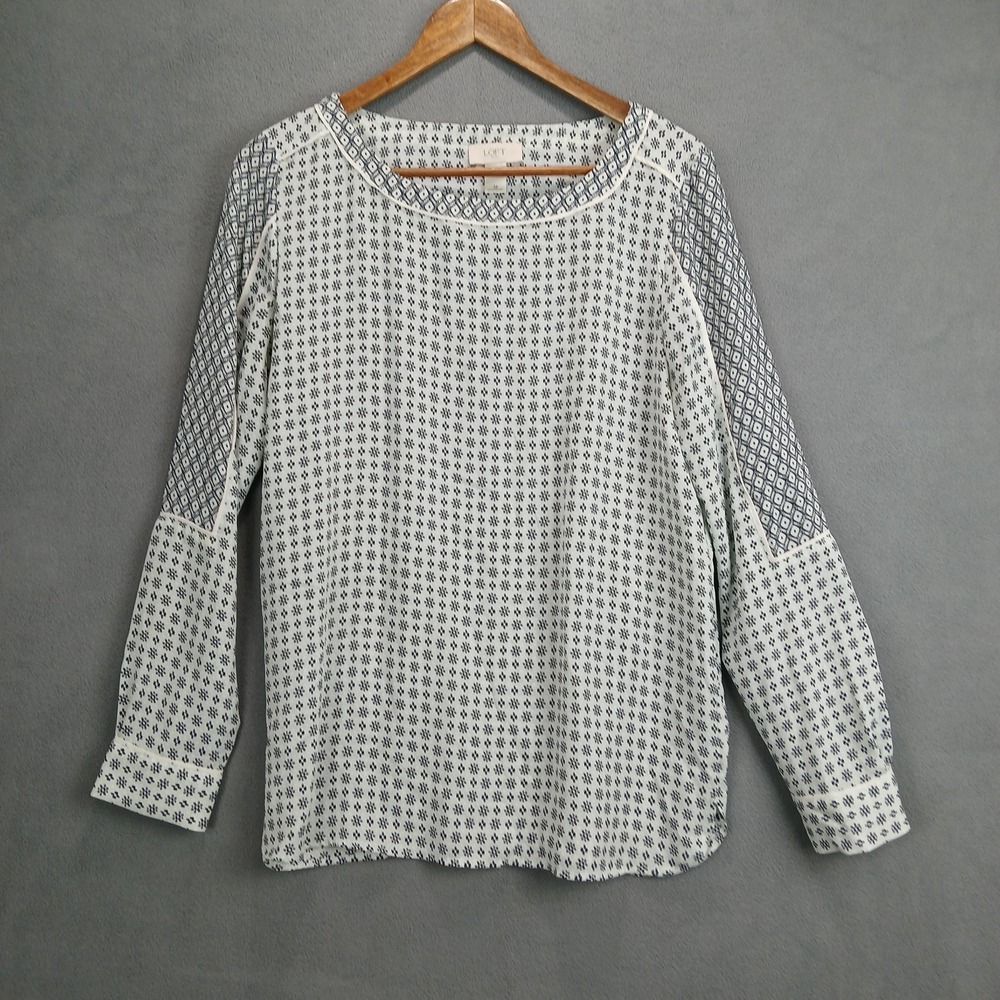 LOFT Outlet Blouse Top Womens Medium White Black Floral Geometric Round Neck‎